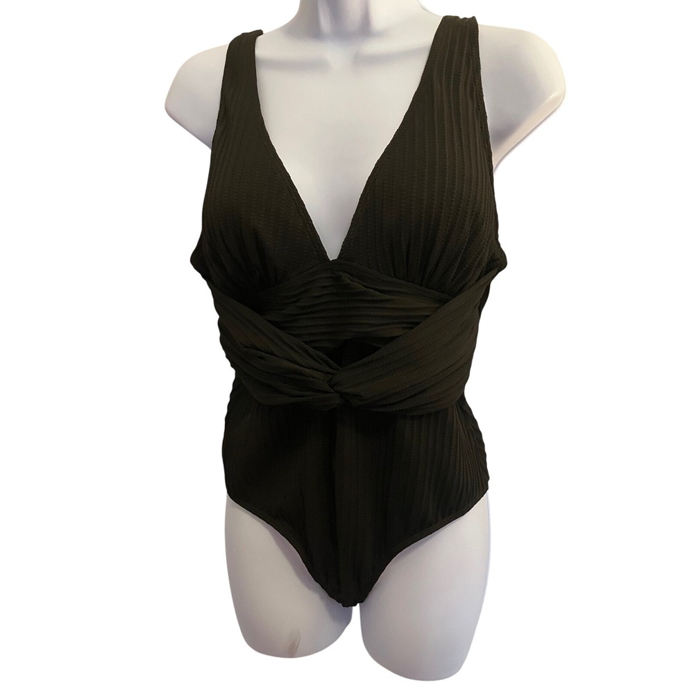 NWT Cupshe Black Ribbed Wrap Front V-Neck One Piece Swimsuit Large CAA12E3M067AA